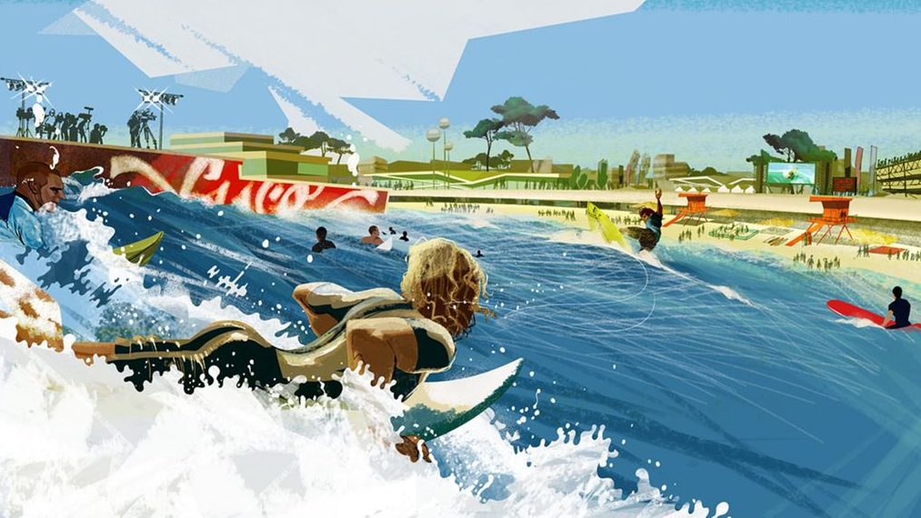 An artistic rendering of an Endless Surf surf park