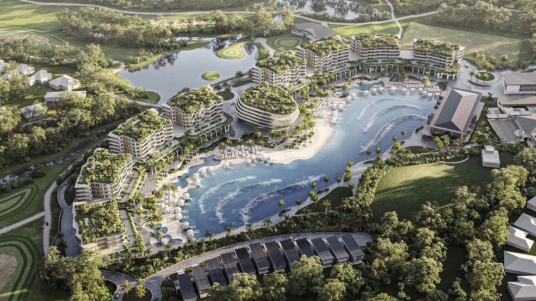 Surf park rendering of a wave pool and resort on the Gold Coast of Australia.